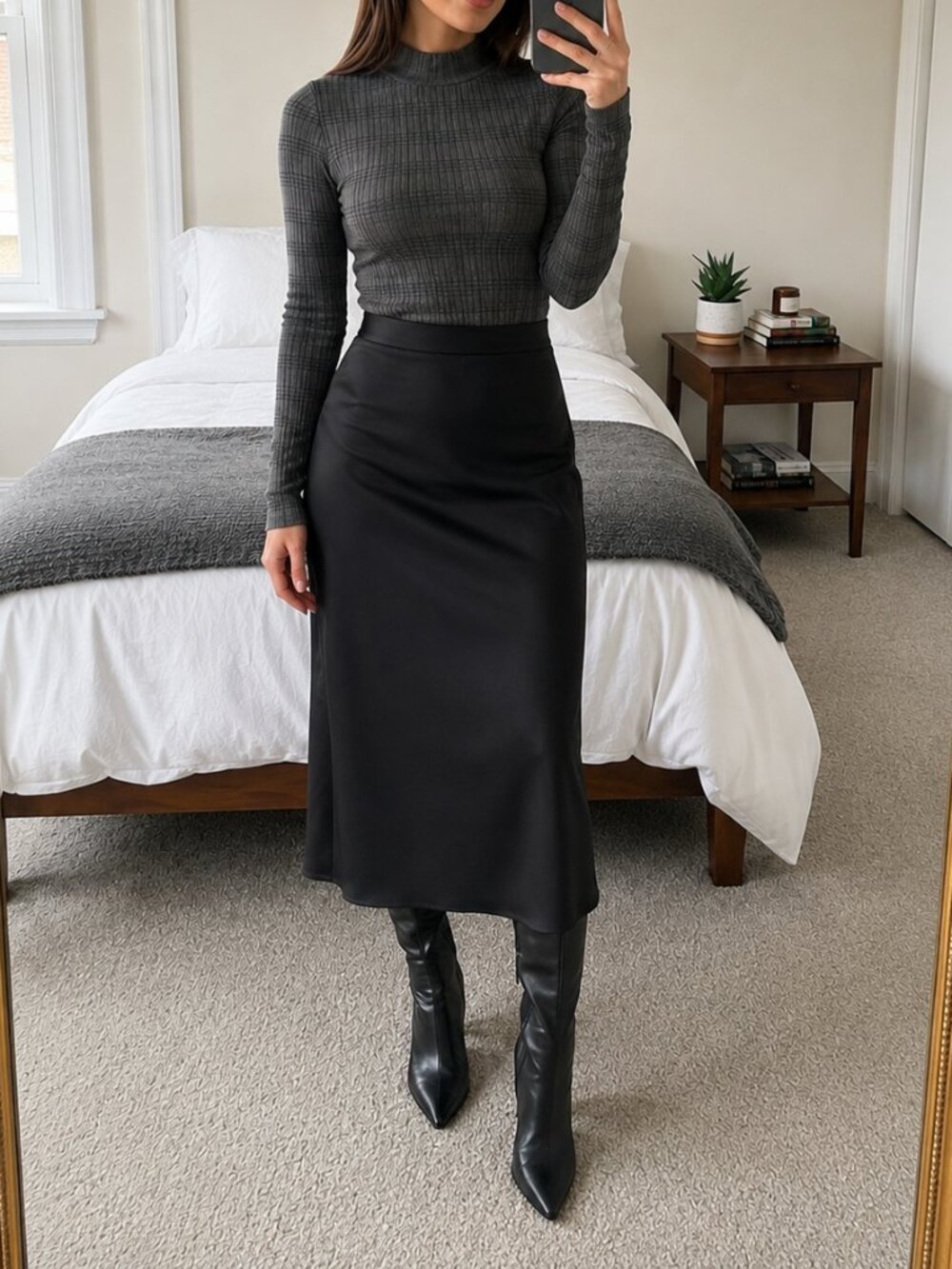 Vince XXS Charcoal Gray Plaid Ribbed Mock Neck Long Sleeve Fitted Sweater
